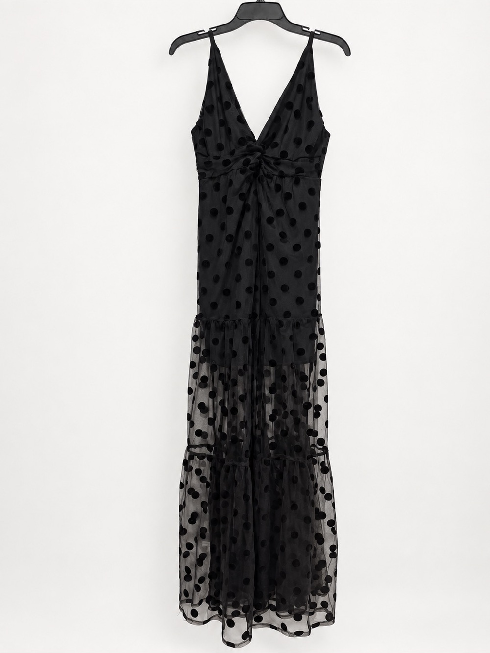 Love & Piece Black Polka Dot Mesh Maxi Dress with Tie Front